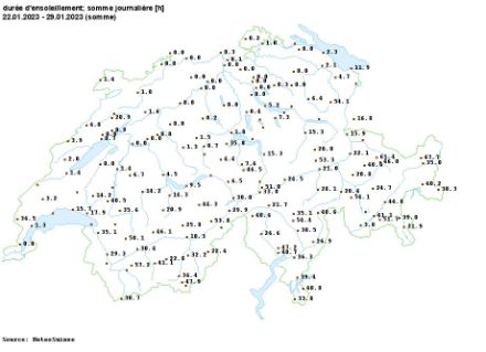 Somme de l'ensoleillement sur les stations de mesure de MétéoSuisse du 22 au 29 janvier 2023