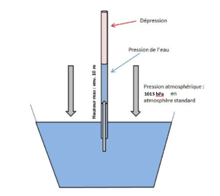 Représentation schématique des forces en jeu dans l’utilisation d’une paille. L’eau n’est en réalité pas « aspirée » dans la paille, mais poussée depuis le bas.