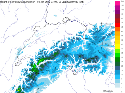 Carte des cumuls de neige fraîche en Suisse.