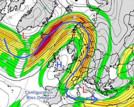 Configuration dite de "bloc Omega" apparente sur la carte des niveaux à la 300 hPa (env. 9000 m) avec les couloirs vent du courant jet superposés. Il s'agit de la carte de prévision pour le lundi 6 février 2023 à 13h locales. On repère aisément la situation anticyclonique bloquante en forme de la lettre grecque Omega.