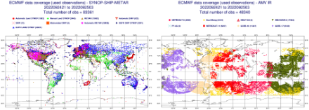 Fig. 2 : la distribution des sources de données utilisées pour lancer les calculs du superordinateur le 25 septembre 2022. À gauche les stations au sol, à droite les données des satellites géostationnaires. Ces derniers fournissent des données essentielles provenant de régions mal couvertes par les stations terrestres. 