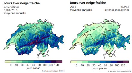 Cartes du nombre moyen de jours de neige fraîche par an pour les périodes 1981-2010 et 2070-2099.