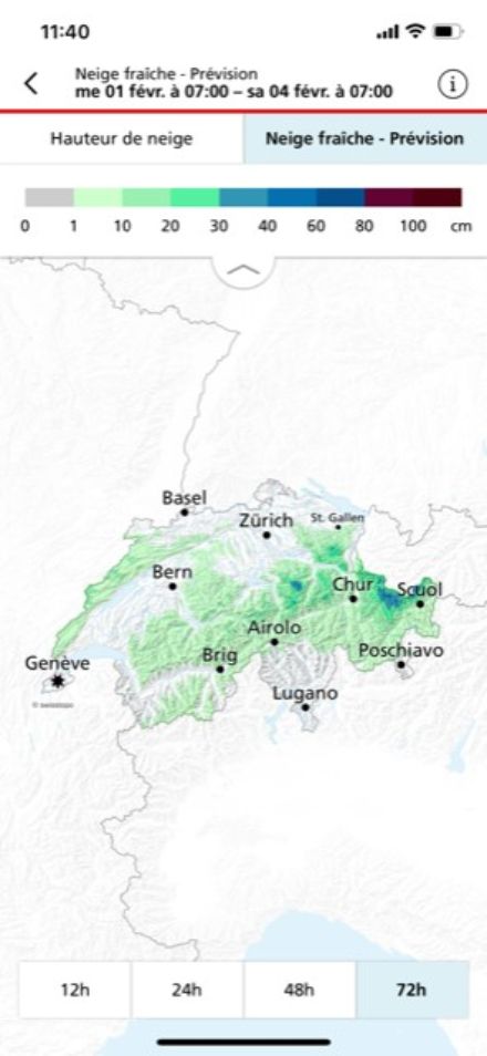 Figure 3. Extrait de l’App de MétéoSuisse. Cette carte se situe dans la rubrique Sport et santé de l’App de MétéoSuisse. Elle indique la prévision de neige fraîche prévue pour les prochaines 72 heures, du mercredi 1er février à 7h au samedi 4 février à 7h.