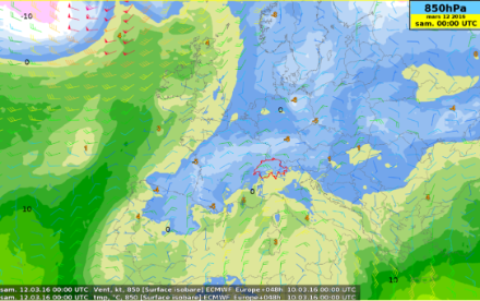 Températures en Europe au niveau 850 hPa (environ 1500 m) le 12 mars 2016 à 00 UTC.