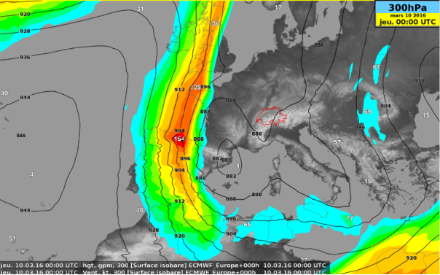 Altitude du niveau de pression 300 hPa et localisation des cœurs de jet le 10 mars 2016 à 00 UTC.