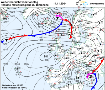Répartition des pressions en Europe occidentale le 14 novembre 2004.