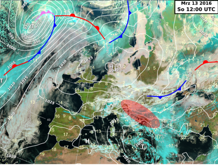 Carte de la pression au sol en Europe le 13 mars 2016. La zone en rouge correspond au gradient de pression maximal enter l’anticyclone centré sur le Danemark et la dépression méditerranéenne. C’est à cet endroit que souffle la Bora. 