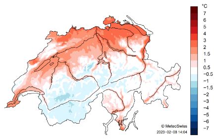 Carte de la Suisse concernant la température en janvier 2023.
