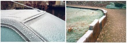 Gelée blanche sur une voiture et une surface herbeuse