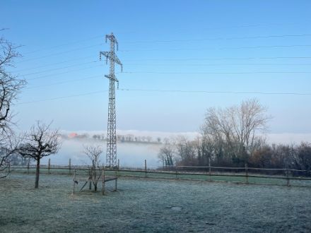 Champ recouvert de gelée blanche avec un banc de brouillard givrant en arrière plan à Vers-chez-Perrin