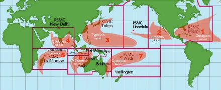 Fig 1 : Carte montrant les bassins océaniques dans lesquels sévissent les cyclone tropicaux, le terme communément utilisé pour les nommer et leurs saisons de formation.