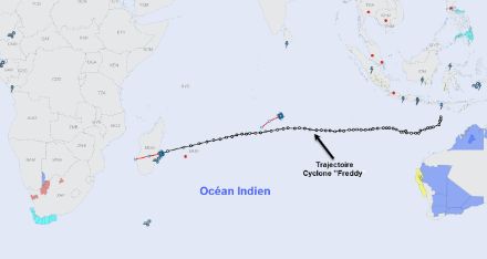 Fig 3 : graphique montrant la trajectoire longue de plus de 6000 km du cyclone tropical Freddy dans l'Océan Indien.