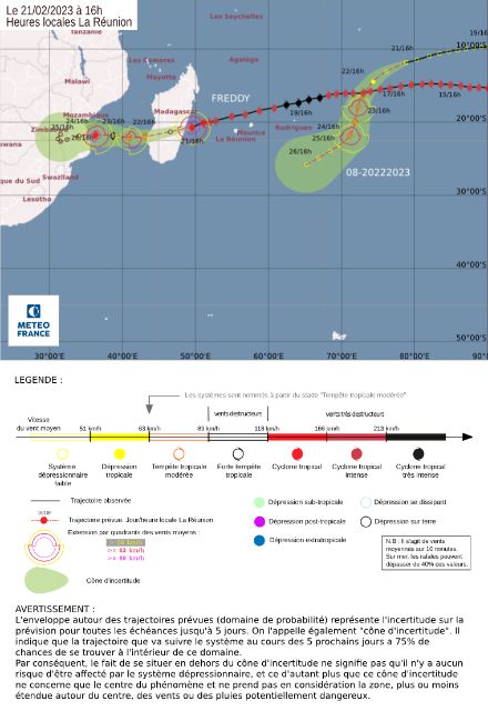 Fig 5 : Trajectoire du cyclone tropical Freddy, sa localisation à 16h le mardi 21 février 2023 au large de la côte est du Madagascar ainsi que sa trajectoire prévue ces prochains jours (cône d'incertitude en vert) en direction du Mozambique.