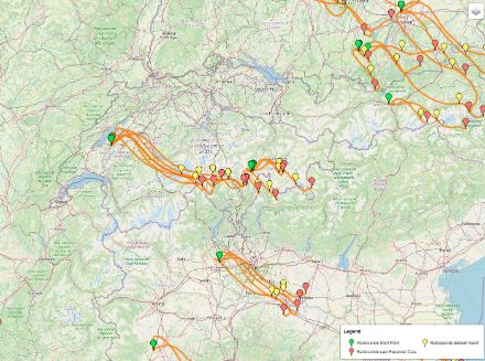 Trajectoires des ballons sondes dans les environs de la Suisse lors des dernière 48 heures.