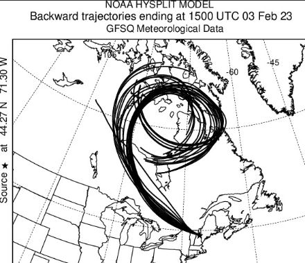 Figure 3 : rétro-trajectoire commençant au Mont Washington le 3 février à 15 UTC et allant 72 h dans le passé. Les différentes lignes représentent différentes solutions du modèle, pour représenter l’incertitude de cette simulation. Source : HYSPLIT model, NOAA.