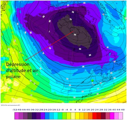 Figure 1 : température de l’air à 850 hPa (vers 1500 m d’altitude, en °C) et hauteur du géopotentiel à 500 hPa (peut être interprété comme la pression vers 5500 m d’altitude) le 1 février à 12 UTC. Source : Analyse d’IFS, ECMWF