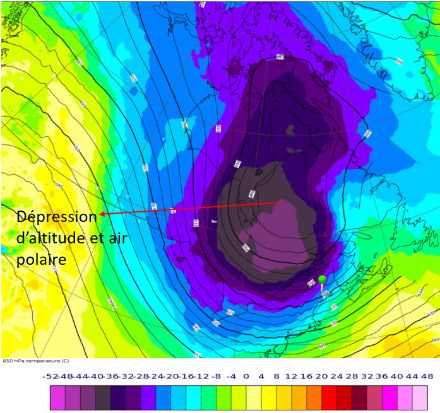 Figure 2 : température de l’air à 850 hPa (vers 1500 m d’altitude, en °C) et hauteur du géopotentiel à 500 hPa (peut être interprété comme la pression vers 5500 m d’altitude) le 3 février à 12 UTC. Source : Analyse d’IFS, ECMWF
