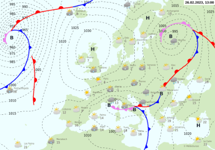 Carte des isobares (en pointillés) et des fronts (en couleurs) prévues pour dimanche 26 février à 13h locales.