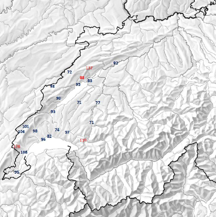 Valeurs maximales par situation de bise (à différentes dates) relevées par nos stations sur l'ouest du pays, valides dimanche 26.02 à 12h.