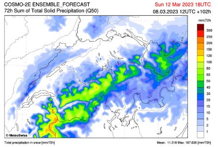 Carte des cumuls de neige entre vendredi et dimanche.