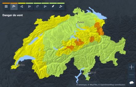 Carte des dangers (vent) de MétéoSuisse.