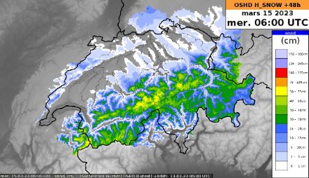 Cumuls de neige fraîche (en cm) jusqu’au mercredi 15.03.2023 06 h UTC prévus par le modèle OSHD.
