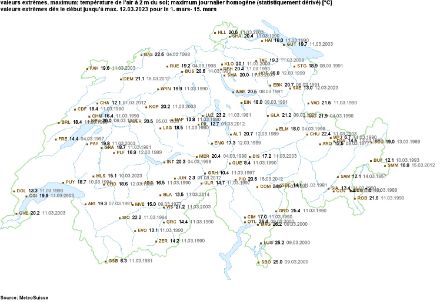 Carte des Températures maximales absolues (en °C) enregistrées du 1 au 15 mars.