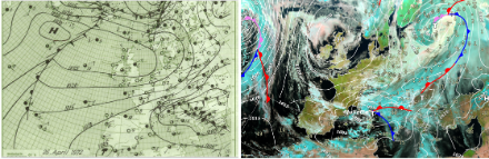 Situation synoptique des 25 avril 1972 et 26 février 2023. Tout comme le dimanche 26 février 2023, la situation du 25 avril 1972 fut typique d’une tempête de bise, avec un puissant anticyclone sur les îles britanniques et une profonde dépression en Méditerranée. Le gradient de pression entre les deux centres atteint respectivement 25 et 35 hPa (source : MétéoSuisse).