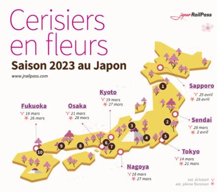 Figure 3. Date prévue de la floraison des cerisiers dans une sélection de villes, basée sur les prévisions établies le 17 mars 2023. 
