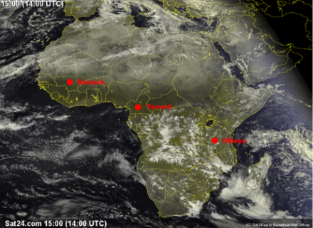 Image satellite du 20 décembre 2016. Cette fois, la zone de convergence intertropicale se situe sur la moitié sud de l'Afrique, correspondant à la latitude où le soleil se trouve au zénith. Au nord de l’équateur, c’est la saison sèche. Source : www. sat24.com