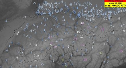 Températures minimales prévues pour mardi matin à 5 cm du sol. De fortes gelées su sol sont probables. A 2 mètres du sol, les températures seront plutôt comprises entre 0 et -3 °C.