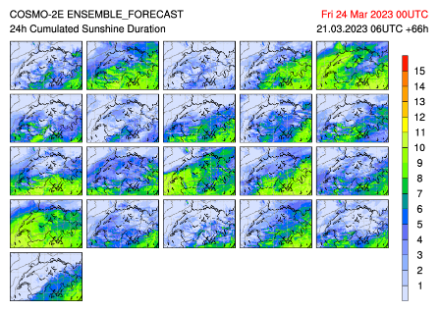Prévision d'ensemble du modèle COSMO-2E pour le jeudi 23 mars 2023. Run du 21 mars à 06Z. La dispersion est encore marquée mais les versions pessimistes l'emportent sur les versions optimistes.