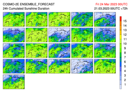 Prévision d'ensemble du modèle COSMO-2E pour le jeudi 23 mars 2023. Run du 21 mars à 00Z. La dispersion est marquée avec presque autant de version optimistes que de versions pessimistes.