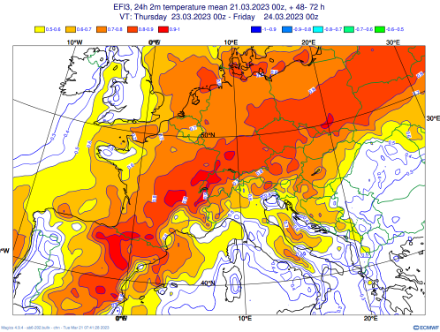 Forte anomalie chaude prévue sur nos régions pour le jeudi 23 mars 2023.