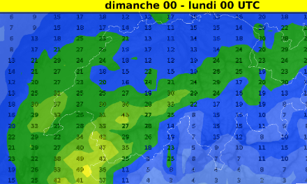 Le run opérationnel (HRES) du 21 mars à 00Z vent du rêve aux amateurs de neige en montagne ainsi qu'à ceux qui demandent des pluies significatives. Cumul de précipitations en mm prévu sur 24 heures pour la journée de dimanche 26 mars 2023. ATTENTION! Ne vous emballez pas trop vite, ce run est encore à prendre avec des pincettes tant l'incertitude reste  grande pour cette fin de semaine et début de semaine prochaine.