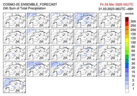 Prévision d'ensemble du modèle COSMO-2E pour le jeudi 23 mars 2023. Run du 21 mars à 00Z. Le signal de précipitations demeure très faible pour cette journée. Le temps devrait donc rester plutôt sec.