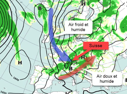 Situation au sol prévue par le run HRES du modèle ECMWF pour dimanche 26 mars à 12Z. Une coulée d'air froid atteint la Suisse en cours de journée.