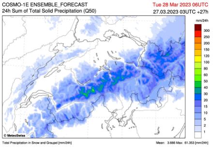 Quantité de neige fraîche prévue en 24h d'ici mardi 28 mars, 8h locales (mm de précipitations solides fondues, qu'on peut grosso modo traduire en cm)