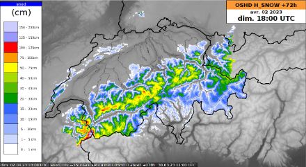 Carte des cumuls de neige (en cm) prévus jusqu’à dimanche 02.04.2023.