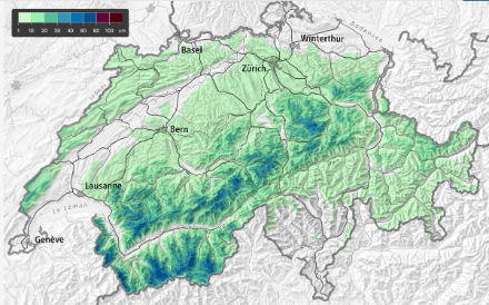 Figure 1 : quantité de neige fraîche entre vendredi 07 h et samedi 07 h. Ces données proviennent d’une combinaison des stations de mesures et de modèles météorologiques et nivologiques. Plus d’informations sur : https://whiterisk.ch/en/snow/new. 