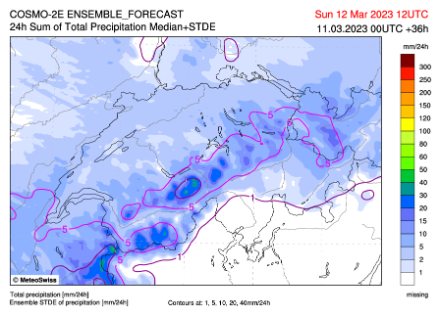Figure 3 : médiane du cumul de précipitation entre samedi 12 UTC et dimanche 12 UTC du modèles COSMO-2E, run du 11 mars à 00 UTC. 