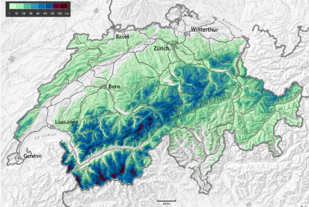 Figure 1 : quantité de neige fraîche entre jeudi 07 h et dimanche 07 h. Ces données proviennent d’une combinaison des stations de mesures et de modèles météorologiques et nivologiques. Plus d’informations sur : https://whiterisk.ch/en/snow/new. (Source : SLF).