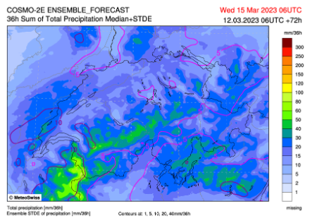 Figure 3 : cumul de précipitations entre lundi 18 UTC et mercredi 06 UTC, médiane de la prévision du modèle d’ensemble COSMO-2E, run du 12 mars à 06 UTC. 