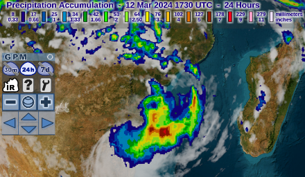 Figure 3 : cumul de précipitations entre le 11 et le 12 mars à 1730 UTC estimé par le réseau de satellite GPM de la NASA : Source : NASA