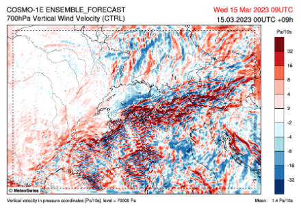 Fig. 6 : Vitesses verticales prévues à 700 hPa (environ 3000 m) mercredi à 10h locales par le modèle COSMO-1ctrl. En bleu les zones ascendantes, en rouge les zones descendantes. 