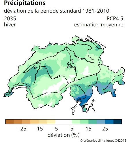 Figure 2. Evolution prévue des précipitations hivernales en 2035 (années allant de 2020 à 2050) en Suisse selon les scénarios climatiques CH2018 pour un scénario intermédiaire d’émission de gaz à effet de serre (RCP4.5).