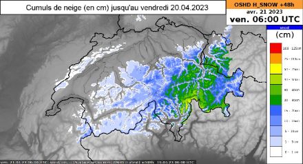 Cumuls de neige (en cm) prévus jusqu’à vendredi 6 h UTC. Modèle OSHD.