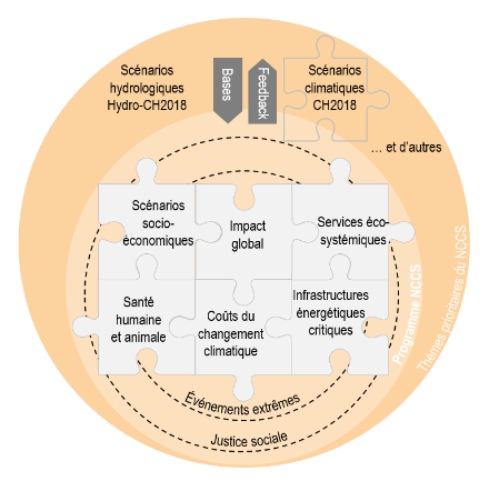 Représentation schématique du programme NCCS-Impact avec les six thèmes intersectoriels.