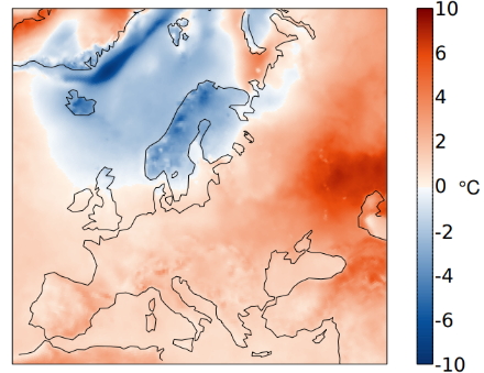Figure 2. Répartition spatiale de la température en mars 2023 en Europe. L’écart (en °C) à la norme 1991-2020 est représenté. 