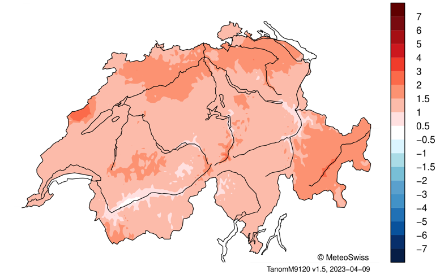 Figure 6. Répartition en Suisse de la température en mars 2023. L’écart (en °C) à la norme 1991-2020 est représenté. 